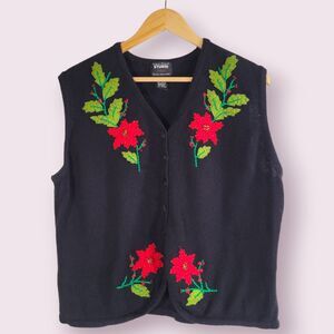Vintage STUDIO JOY Black Knit Christmas Sweater Vest Size XL Poinsettia Beaded